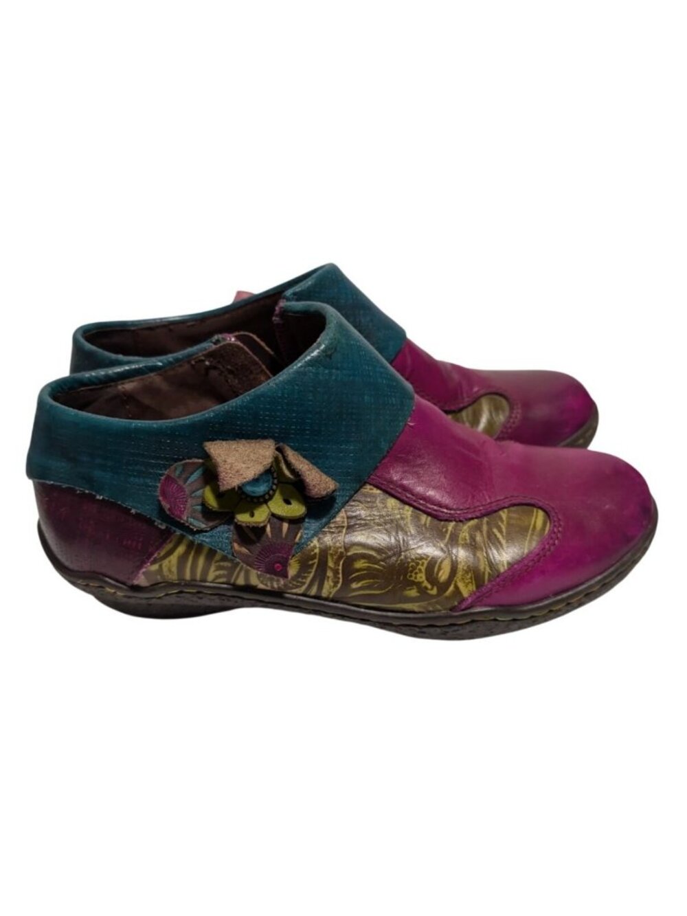 Socofy Womens 38 7.5 Floral Patchwork Leather 3D Flower Boho Ankle Boot Purple